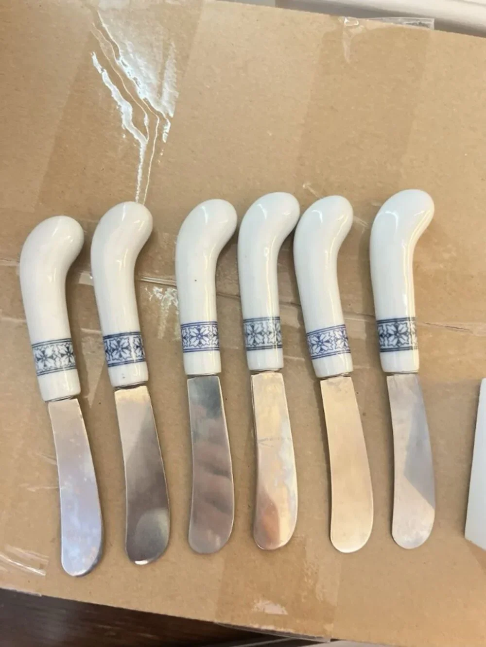 Vintage 6 Ceramic Stainless Steel Cheese Knives In Block Canape Spreader Blue